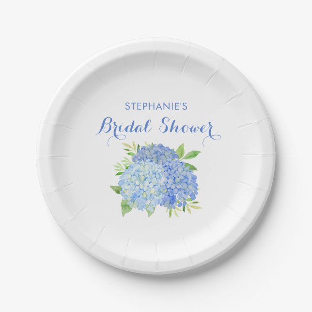 Assiettes En Carton Aquarelle Hydrangea Blue Floral Fête des mariées (Devant)