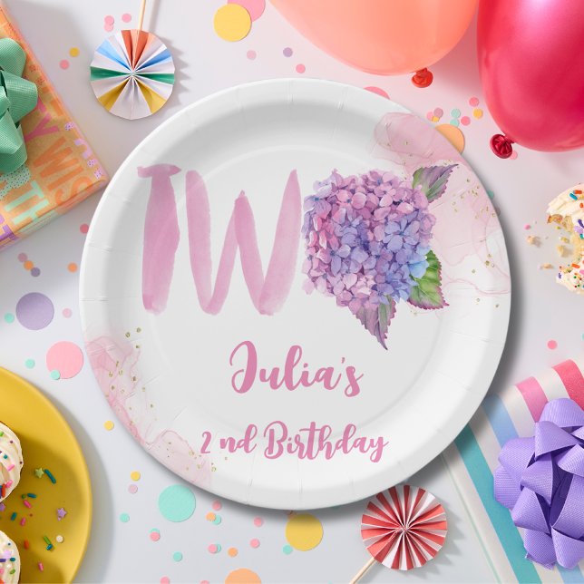 Assiettes En Carton Aquarelle hydrangée deuxième anniversaire (Créateur téléchargé)
