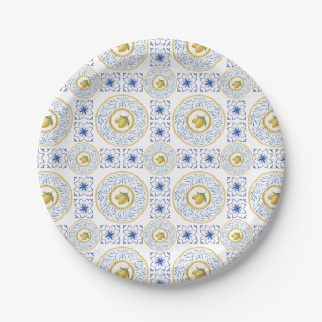 Assiettes En Carton Aquarelle Italienne Carrelage Citron Motif (Devant)