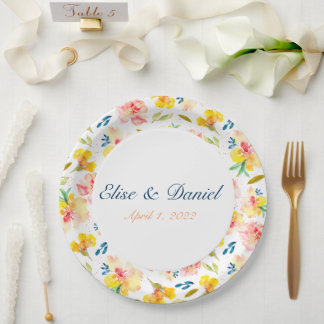 Assiettes En Carton Aquarelle jaune et rose chaudes Plaques florales