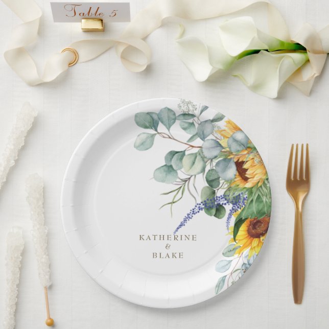 Assiettes En Carton Aquarelle Jaune Floral Mariage personnalisé (Mariage)