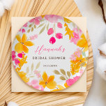 Assiettes En Carton Aquarelle jaune rose chic bienvenue<br><div class="desc">Plaque de papier de douche nuptiale jaune rose jaune du jardin,  avec des roses roses peintes à la main,  des tournesols jaunes et d'autres jolies fleurs de jardin avec une brosse de police de script moderne.</div>