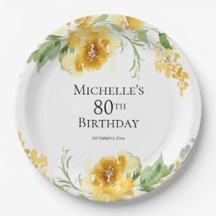 Assiettes En Carton Aquarelle Jaune Verdure Florale 80e anniversaire