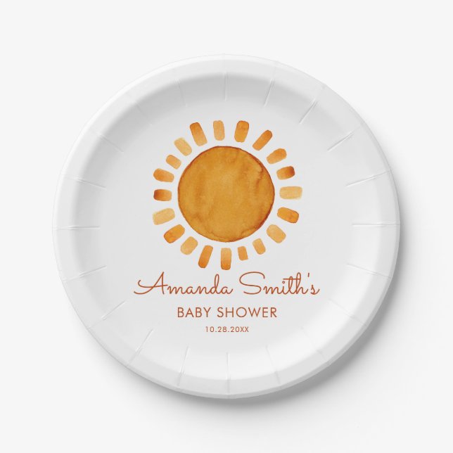 Assiettes En Carton Aquarelle Joyeux Baby shower de soleil Jaune (Devant)