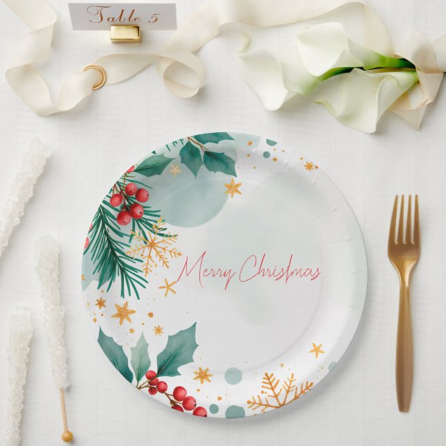 Assiettes En Carton Aquarelle Joyeux Plaques de papier de Noël - Éléga (Mariage)