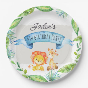 Assiettes En Carton Aquarelle Jungle Lion et Giraffe Anniversaire