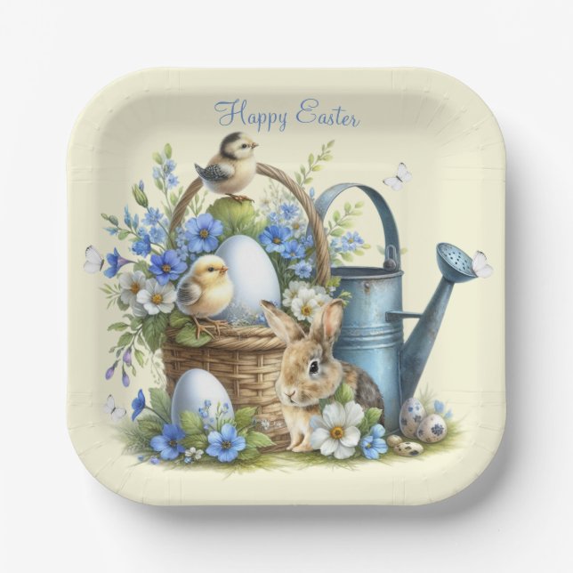 Assiettes En Carton Aquarelle Lapin de Pâques Personnalisé (Recto)