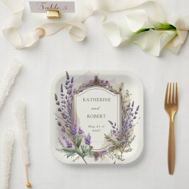 Assiettes En Carton Aquarelle Lavande Regal Monogramme Mariage (Mariage)