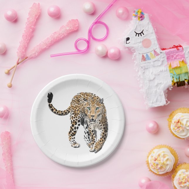 Assiettes En Carton aquarelle léopard jungle chat peint vert animal (Fête)