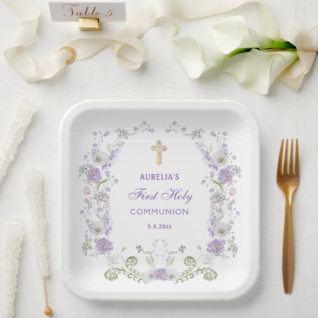 Assiettes En Carton Aquarelle Lilac Fleurs Arc Première communion (Mariage)