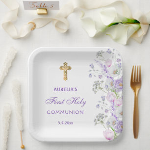 Assiettes En Carton Aquarelle Lilac Fleurs Première communion