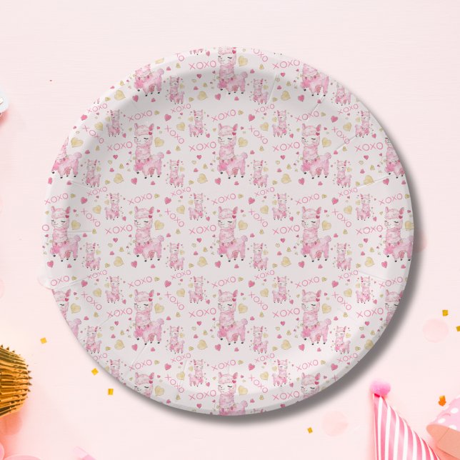 Assiettes En Carton Aquarelle Llama rose XOXO (Créateur téléchargé)