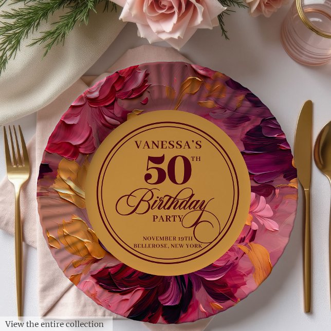 Assiettes En Carton Aquarelle Magenta Rose Or 50e Plaques d'anniversai (Watercolor Magenta Pink Gold 50th Birthday Plates)