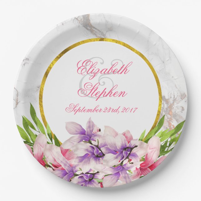 Assiettes En Carton Aquarelle Magnolias, Faux Marble Texture Mariage (Devant)