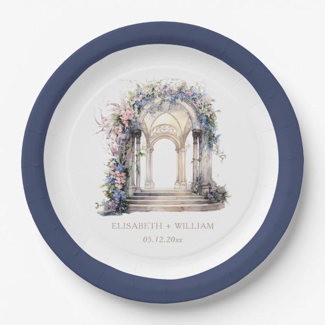 Assiettes En Carton Aquarelle Mariage Floral Arch Personnalisé (Devant)