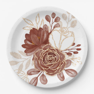 Assiettes En Carton Aquarelle Maron Gold Floral