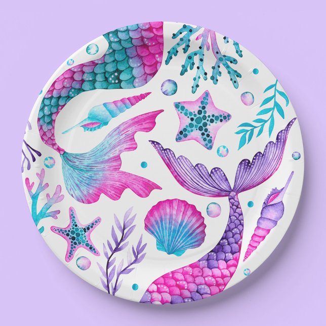 Assiettes En Carton Aquarelle Mermaids Queue, Sea Shells et Starfish (Watercolor Mermaids Tail, Sea Shells and Starfish Paper Plates)