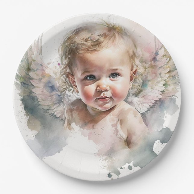 Assiettes En Carton Aquarelle mignonne Angel Baby Baptême (Devant)