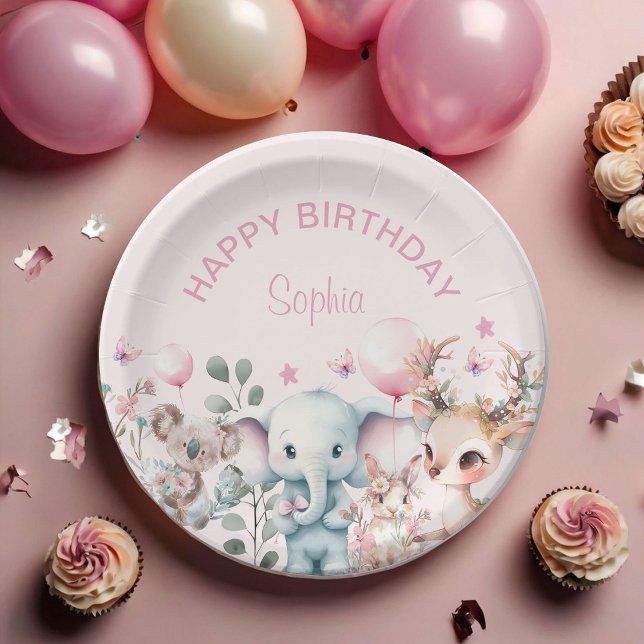 Assiettes En Carton Aquarelle mignonne Animaux sauvages Fille rose Ann (Créateur téléchargé)