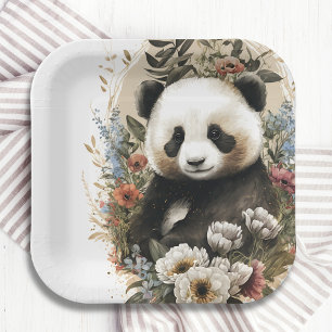 Assiettes En Carton Aquarelle mignonne Fleur sauvage Panda Ours Annive
