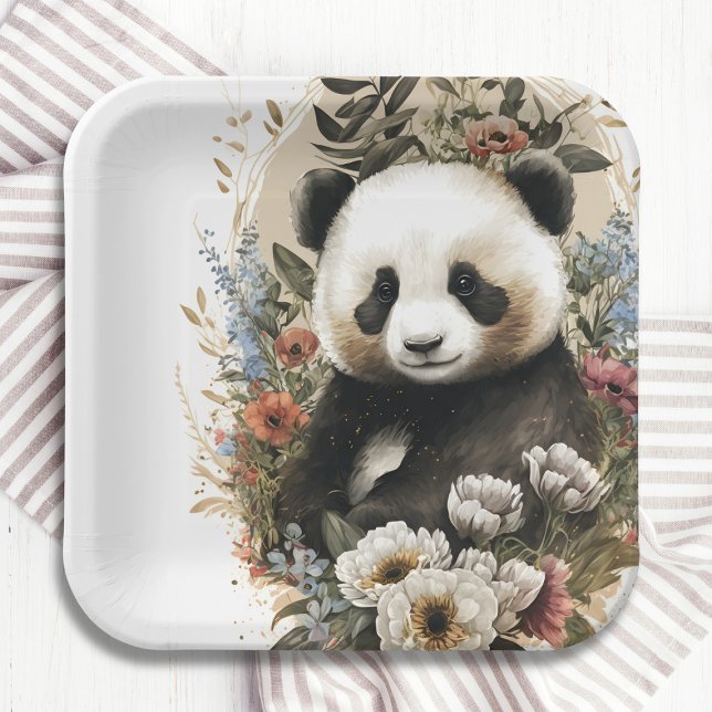 Assiettes En Carton Aquarelle mignonne Fleur sauvage Panda Ours Annive (Créateur téléchargé)