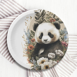Assiettes En Carton Aquarelle mignonne Fleur sauvage Panda Ours Annive
