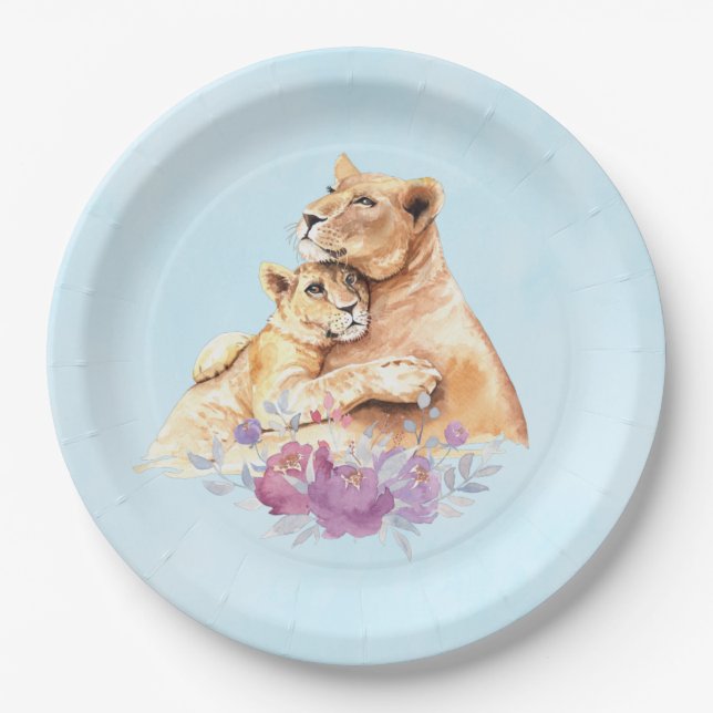 Assiettes En Carton Aquarelle mignonne Mère Lion & Cub (Devant)