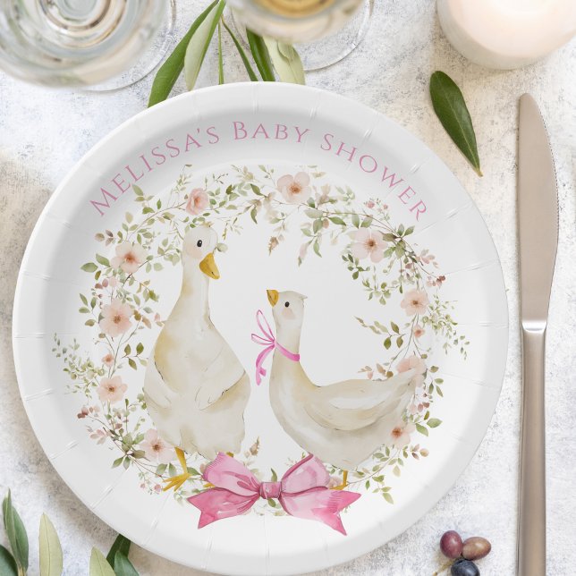 Assiettes En Carton Aquarelle mignonne oie Baby shower floral fille (Créateur téléchargé)
