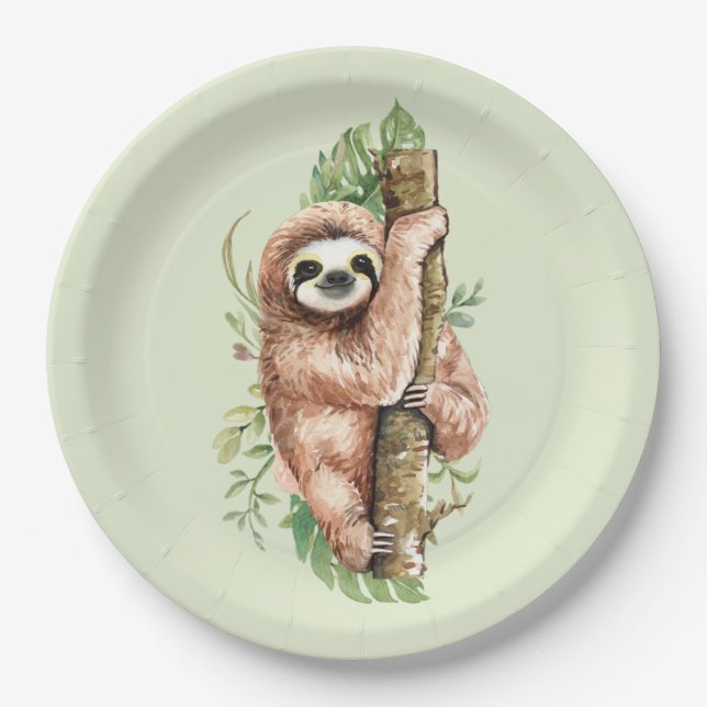 Assiettes En Carton Aquarelle mignonne Sloth & Feuilles tropicaux (Devant)
