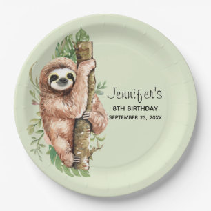 Assiettes En Carton Aquarelle mignonne Sloth & Feuilles tropicaux Anni