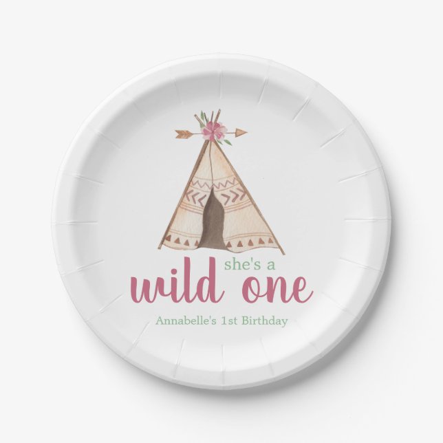 Assiettes En Carton Aquarelle mignonne Teepee Boho 1er anniversaire (Devant)