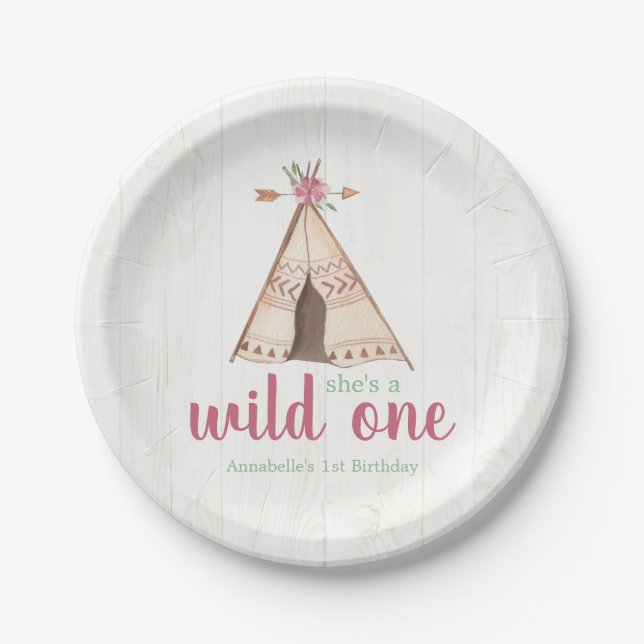 Assiettes En Carton Aquarelle mignonne Teepee Boho 1er anniversaire (Devant)