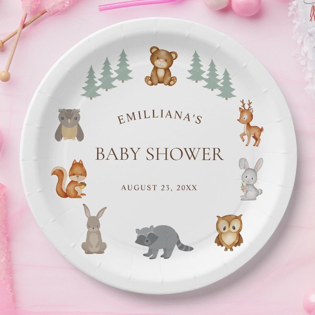 Assiettes En Carton Aquarelle moderne Baby shower des animaux de bois (Modern Watercolor Woodland Animals Baby Shower Paper Plates)