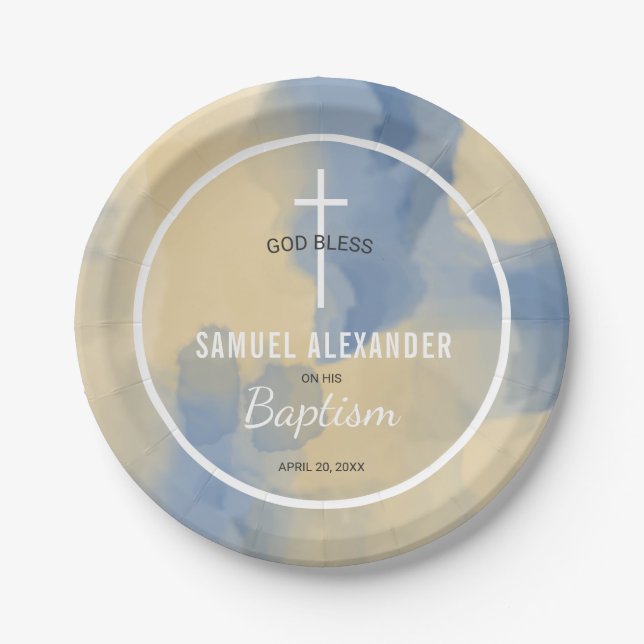 Assiettes En Carton Aquarelle moderne bleu et or Baby Boy Baptism (Devant)