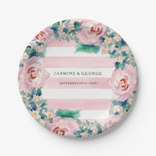 Assiettes En Carton Aquarelle MODERNE Chic Large Stripes avec Rose