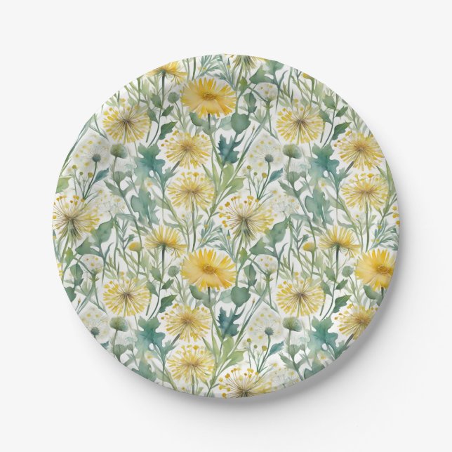 Assiettes En Carton Aquarelle moderne Jaune Dandelions Motif Floral (Devant)
