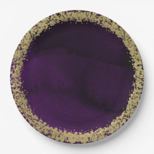 Assiettes En Carton Aquarelle moderne Moody Purple & Gold Mariage