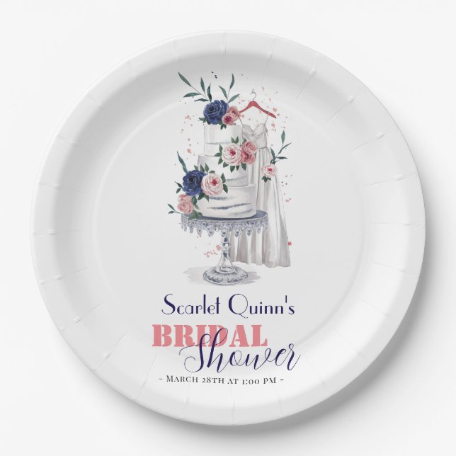 Assiettes En Carton Aquarelle moderne robe blanche mariage avec gâteau (Devant)