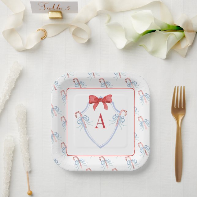 Assiettes En Carton Aquarelle Monogram Bow Sucre de canne Crest (Mariage)
