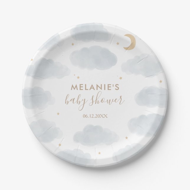 Assiettes En Carton Aquarelle Moon Stars Baby shower (Devant)