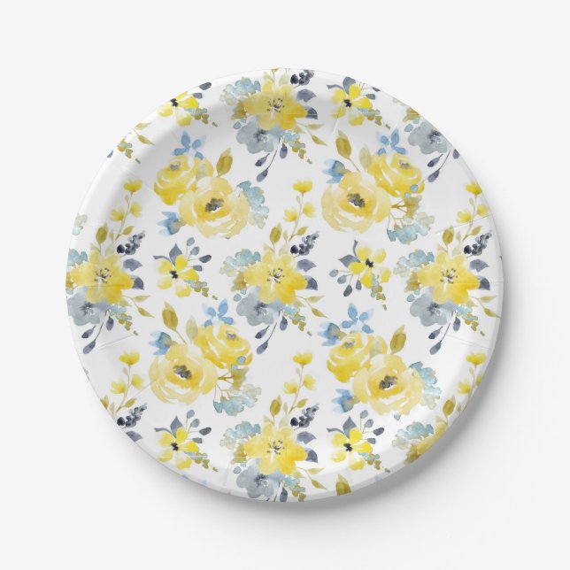 Assiettes En Carton Aquarelle Motif Floral Jaune (Devant)