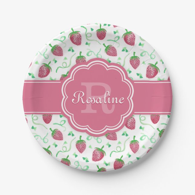 Assiettes En Carton Aquarelle Motif fraise avec Monogramme (Devant)
