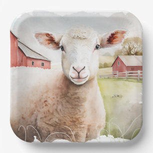 Assiettes En Carton Aquarelle Mouton Avec Grange Rouge