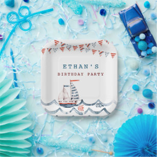 Assiettes En Carton Aquarelle Nautique Anniversaire Monogramme