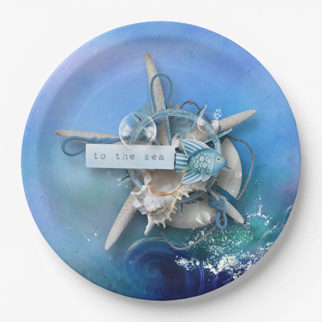 Assiettes En Carton Aquarelle nautique vers la mer (Devant)