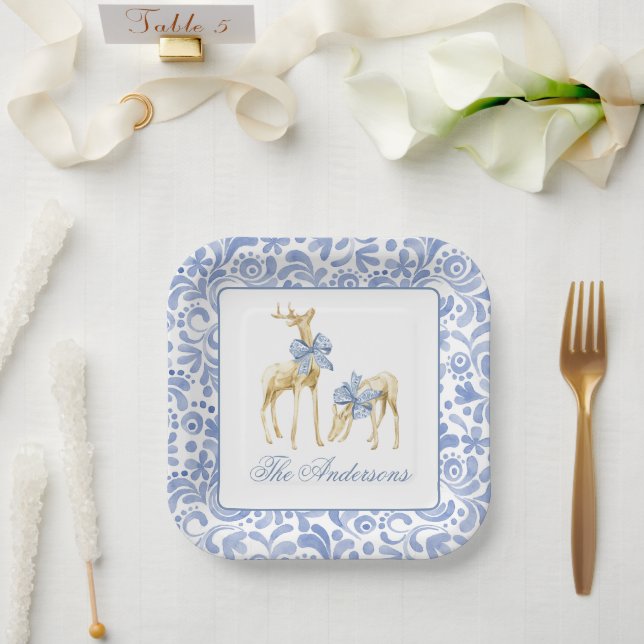 Assiettes En Carton Aquarelle Noël bleu Chinoiserie Bow Reindeer (Mariage)