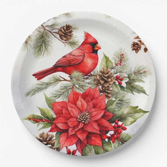 Assiettes En Carton Aquarelle Noël Cardinal rouge et Poinsettia (Devant)