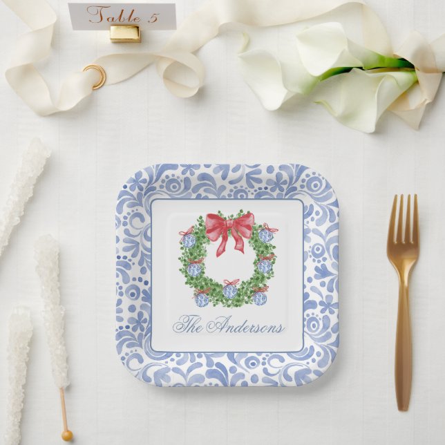 Assiettes En Carton Aquarelle Noël Chinoiserie Ornement Wreath (Mariage)