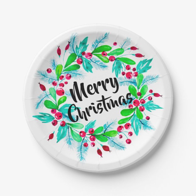Assiettes En Carton Aquarelle Noël Floral Wreath Joyeux Noël (Devant)