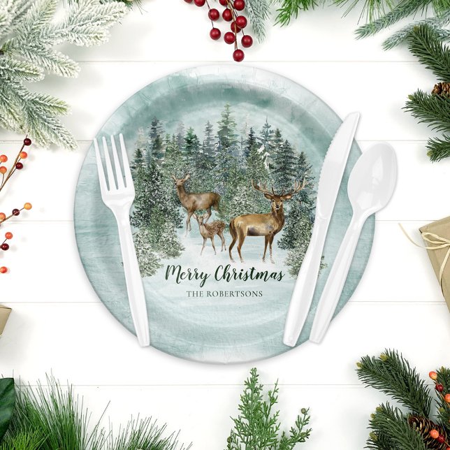 Assiettes En Carton Aquarelle Noël Forêt rustique Bois Cerf (Créateur téléchargé)